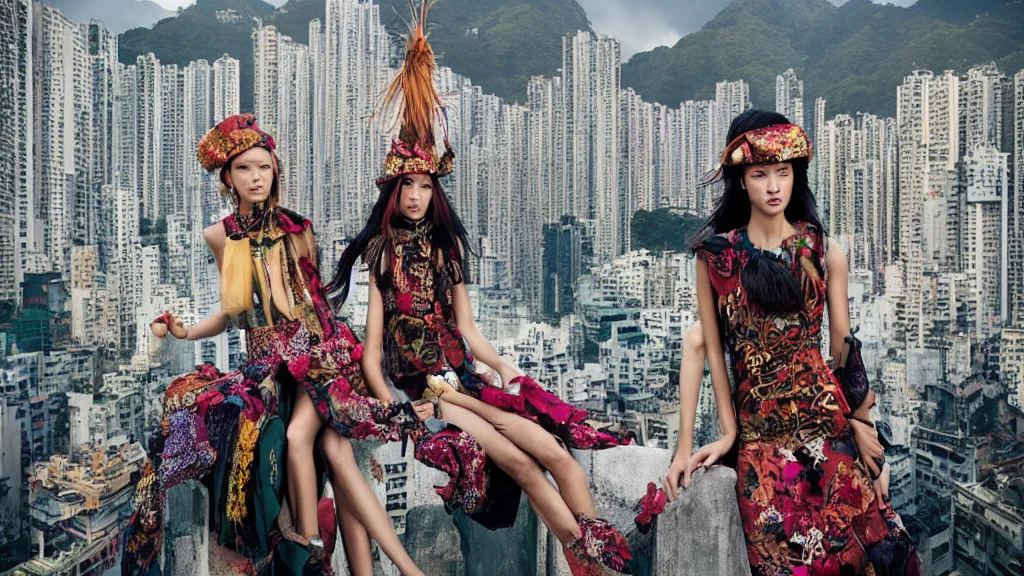 Image similar to fashion editorial by jimmy nelson. on a roof in center hong kong