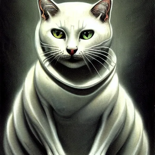 Prompt: white cat, art by hr giger!!!, gustave dore, artstation