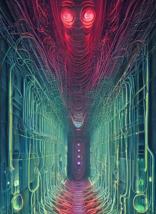 Image similar to A wall full of eyes, symmetrical, neon, RGB, glowing wires everywhere, pristine, by Edgar Maxence and Ross Tran, Zdzisław Beksiński, and Michael Whelan, gustav dore, H.R. Giger, 8k, octane render