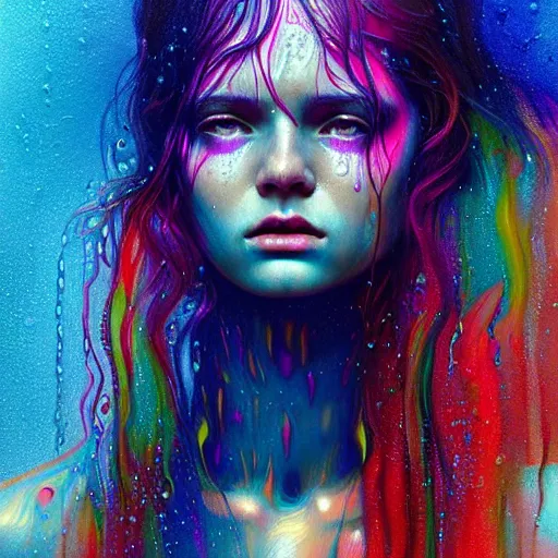 Image similar to portrait of girl in colored psychedelic rain with wet hair and face, fantasy, intricate, elegant, dramatic lighting, intense emotion, highly detailed, lifelike, photorealistic, digital painting, artstation, concept art, smooth, sharp focus, illustration, art by John Collier and Albert Aublet and Krenz Cushart and Artem Demura and Alphonse Mucha