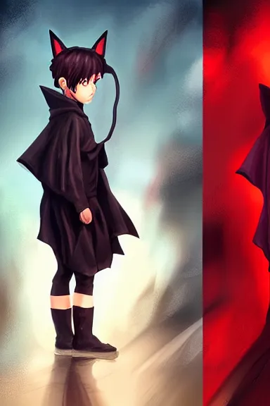 Image similar to little boy with cat ears in an black outfit with red cape. digital painting made by lois van baarle and kentaro miura and marc simonetti and sakimichan, sharpness focus, inspired by hirohiko araki, anatomically correct, heroic composition, hero pose, smooth