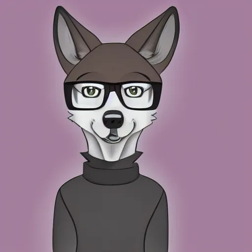 Prompt: a fresh and handsome male anthro wolf wearing a turtleneck and glasses, grinning; modern digital art