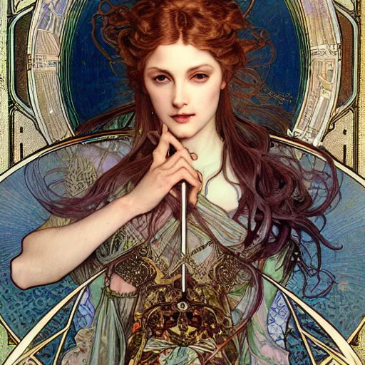 Prompt: realistic detailed face portrait of the Queen of Swords by Alphonse Mucha, Ayami Kojima, Amano, Charlie Bowater, Karol Bak, Greg Hildebrandt, Jean Delville, and Mark Brooks, Art Nouveau, Neo-Gothic, gothic, Tarot, Tarot card, swords, tarot swords, rich deep moody colors