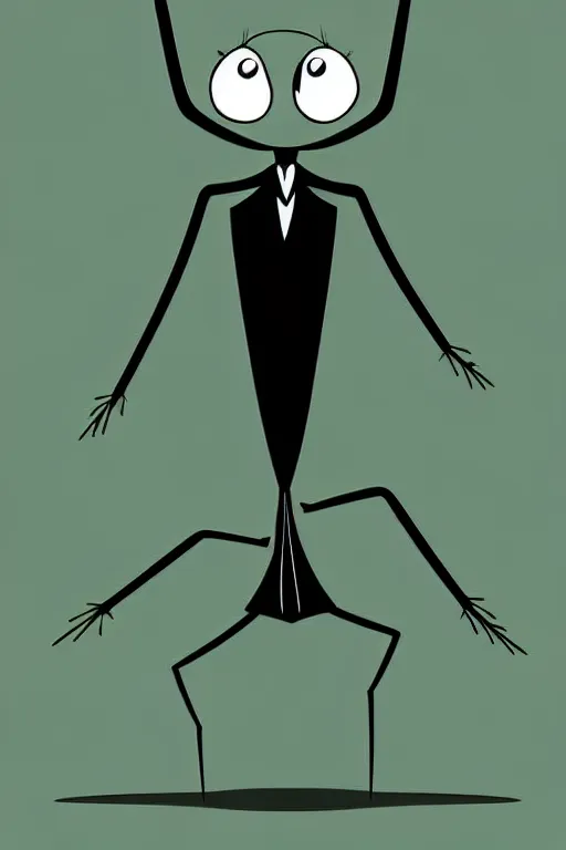 Prompt: digital art of a t - pose character design symmetrical chubby cockroach cartoon character with long antennae, wearing a black suit by anton fadeev from nightmare before christmas