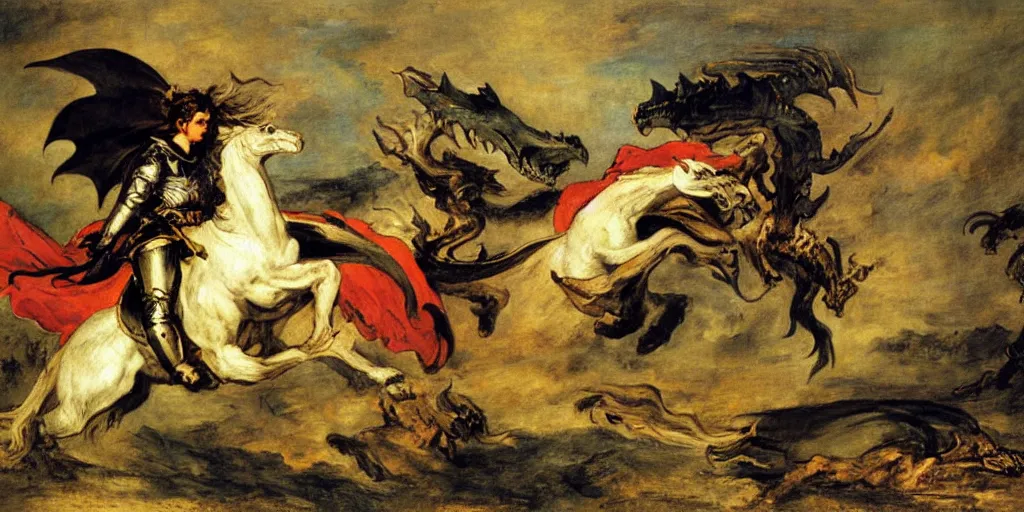 Image similar to knight fighting dragon, art by eugene delacroix