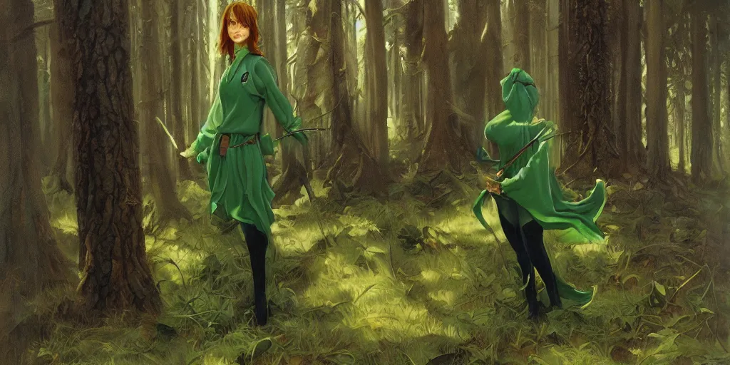 Image similar to forest ranger masterpiece female, oil painting charles vess, green silk clothes, artstation,