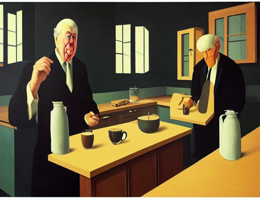 Prompt: a painting of a old dusty professor making a study of drinking 1 0 cups of coffee into a droste effect, dark monday mood in a kitchen that is slowly melting, styled and painted by rene magritte