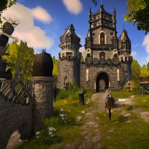 Prompt: beautiful gothic castle landscape in the style of Goat simulator, Gameplay Footage