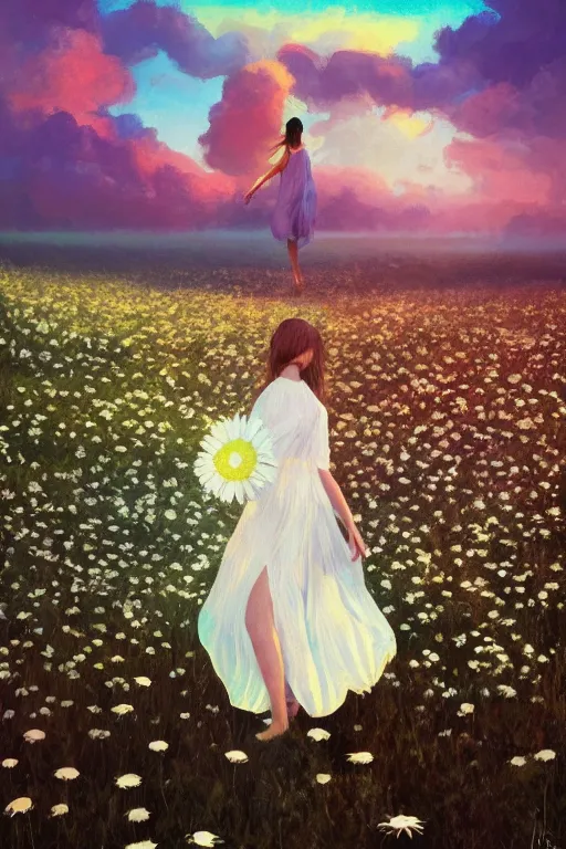 Image similar to veil of giant white daisy flower as head, girl dancing in a flower field, surreal photography, sunrise, dramatic light, impressionist painting, colorful clouds, digital painting, artstation, simon stalenhag