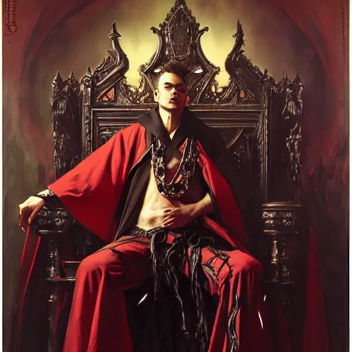 Image similar to perfectly centered portrait of attractive vampire king in a robe sitting on a throne of bones, highly detailed painting by gaston bussiere, craig mullins, j. c. leyendecker, 8 k