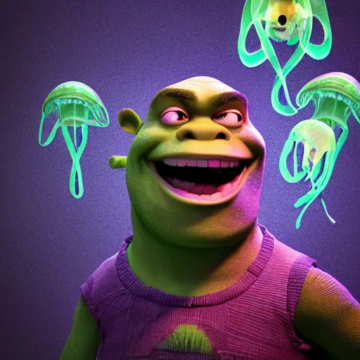 Image similar to Shrek face as 50cent , tentacles, unnatural shapes, jellyfish, insect, octane render, 3d digital art by beeple, unreal engine 5, award winning