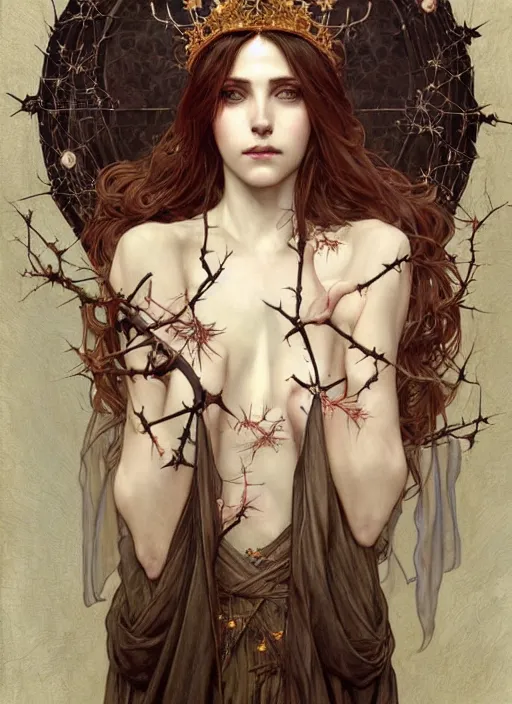 Image similar to beautiful pale gothic maiden with crown of thorns, intricate, elegant, highly detailed, digital painting, artstation, concept art, smooth, sharp focus, illustration, art by artgerm and greg rutkowski and alphonse mucha and Gustav Klimt