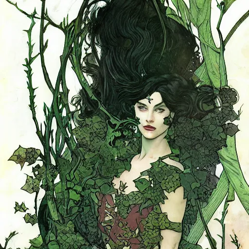 Image similar to a beautiful painting of professor poison ivy, botany, dark eyeliner, intricate, elegant, highly detailed, digital painting, artstation, concept art, matte, sharp focus, illustration, art by rebecca guay and by arthur rackham and by alphonse mucha and by john william waterhouse