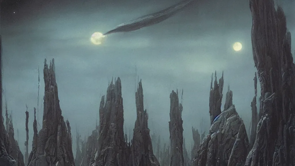 Image similar to eerie atmospheric evolving alien planet by gerald brom and vincent di fate, epic cinematic matte painting