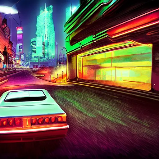 Image similar to car in cyperpunk city, wide - angle, neon, digital art