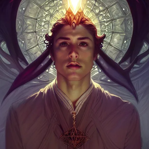 Prompt: attractive male deity, casting dark magic, summoning handsome lucifer morningstar, fantasy, intricate, elegant, highly detailed, digital painting, artstation, concept art, matte, sharp focus, illustration, art by artgerm and greg rutkowski and alphonse mucha