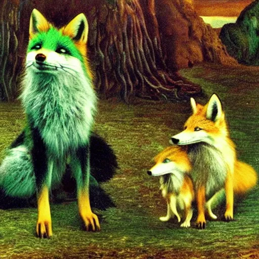 Image similar to A fantasy world photo of a smiling green fox with his youngster, 4k, made by Salvador Dali