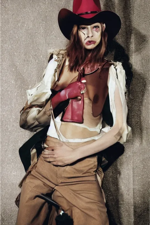 Image similar to margiela campaign featuring amy rose as a female cowgirl, long eyeslashes, big juicy lips, big seductive eyes