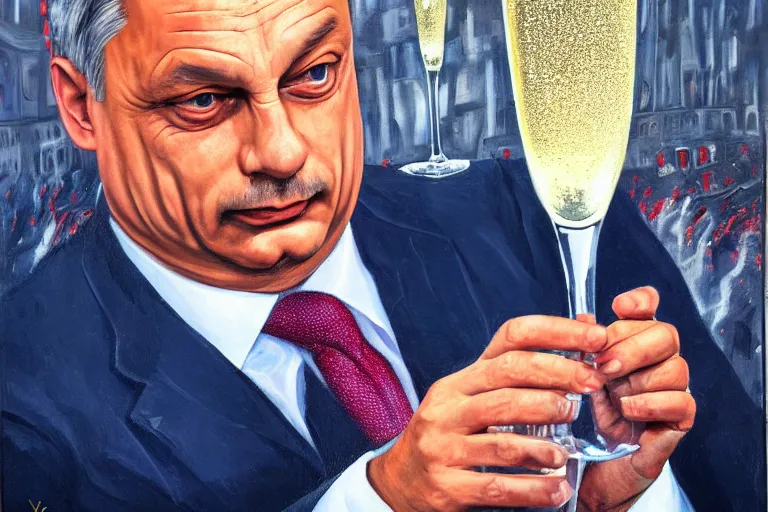 Image similar to viktor orban drinking champagne in front a burning city, highly detailed eyes, oil on canvas