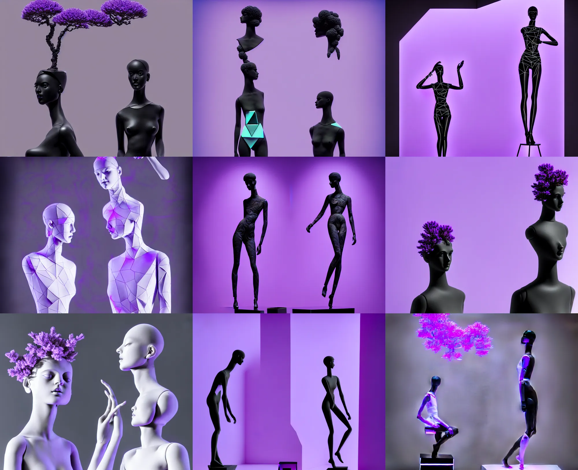 Prompt: beautiful mannequin sculpted out of black glass by billelis + lit with geometric neon printed lavender + doorway opening to a new dimension with geometric fractal vaporwave light + flowering bonsai trees!!!!, transcendent, clean linework, dramatic, finely detailed, 4 k, trending on artstation, award winning, photorealistic, volumetric lighting, octane render