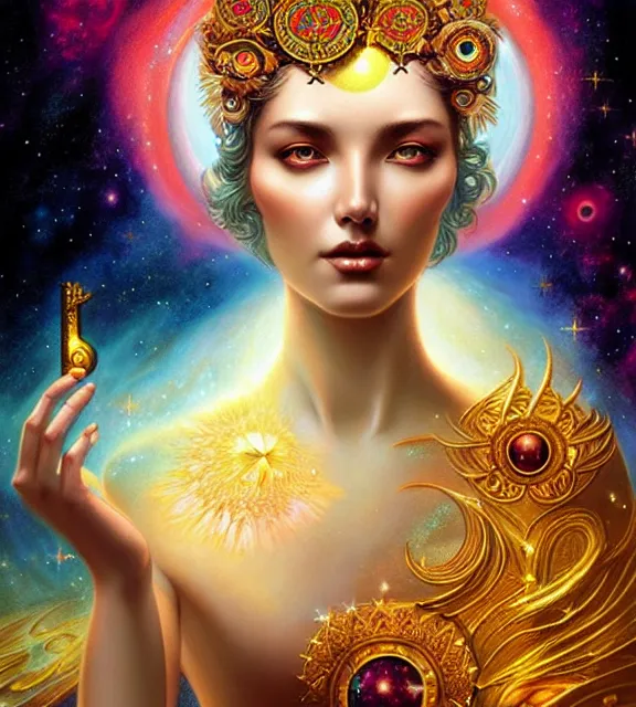 Image similar to goddess of the cosmos, astral background, tarot card, ornate, digital art by artgerm and karol bak