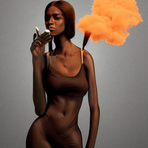 Prompt: a fashion model, creative, brown skin, digital art, photo manipulation, colossal, smoke, artstation, giant, street