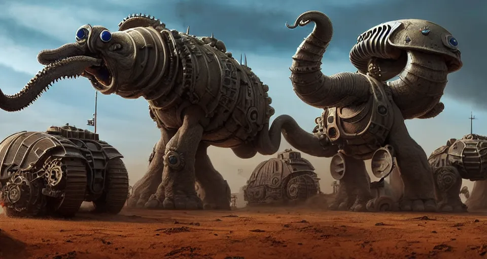 Prompt: pixar octopus running brontosaurus atat elephant googly eyes, military tank fury road iron smelting pits space marines, highly detailed cinematic scifi render of 3 d sculpt of spiked gears of war skulls, rodney mathews, military chris foss, john harris, hoover dam'aircraft carrier tower'beeple, warhammer 4 0 k, halo, halo, mass effect