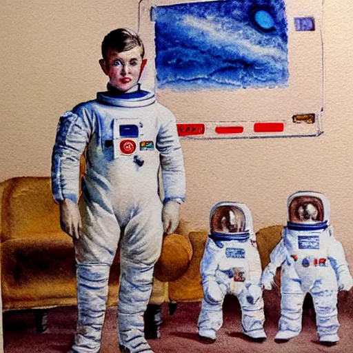 Prompt: Orville Houghton Peet and William Simpson and Jean Gautier watercolor painting sketch of a boy super scientist in a retro home made astronaut suit