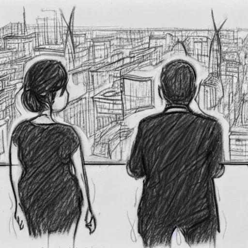 Image similar to a rough pencil sketch of two people watching their city get bombed