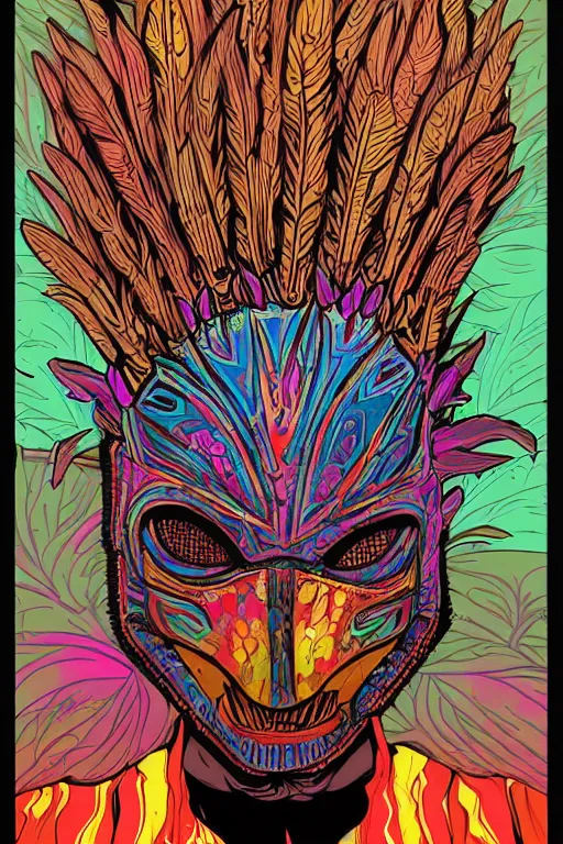 Image similar to animal mask totem roots flower tribal feather gemstone plant wood rock shaman vodoo video game vector cutout illustration vivid multicolor borderlands comics by josan gonzales and dan mumford radiating a glowing aura