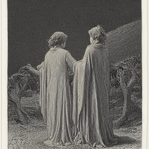 Prompt: a couple of women, praying the old gods, gustave dore