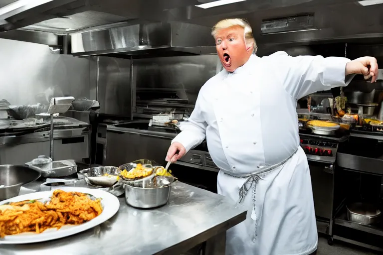 Prompt: high quality photo of fat Donald Trump working as a cook at a diner. He he is cooking on a griddle. He is yelling and making a mess. Food is going everywhere. Highly detailed. Dimly lit