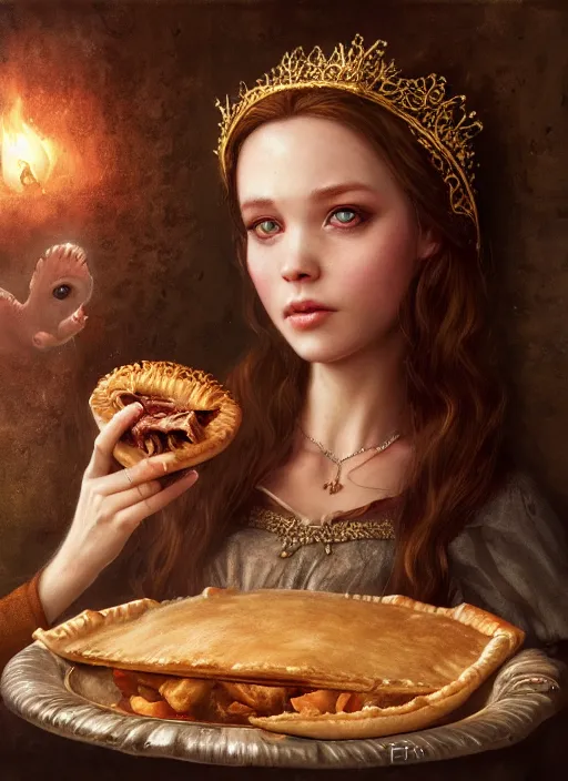 Prompt: highly detailed closeup portrait of a fairytale medieval princess eating meat pies, unreal engine, greg rutkowski, nicoletta ceccoli, mark ryden, earl norem, lostfish, global illumination, god rays, detailed and intricate environment