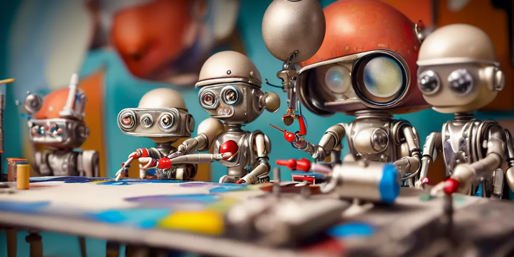 Image similar to closeup portrait of tin toy retro robots painters mixing gouache on white paper table in an artist workshop, depth of field, zeiss lens, detailed, centered, fashion photoshoot, by nicoletta ceccoli, mark ryden, lostfish, breathtaking, 8 k resolution, extremely detailed, beautiful, establishing shot, artistic, hyperrealistic, octane render