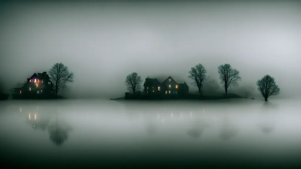 Image similar to village with beautiful houses in the fog on the lake, fog, volumetric lighting, mystique, atmospheric, conept art, sharp focus, ultra detailed, noir arthouse, 4 k, luminous details, cinematic, 3 5 mm, fujifilm