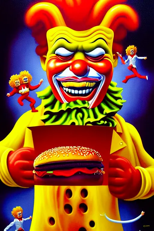Image similar to a hyperrealistic painting of an epic boss fight ronald mcdonald vs burger king cinematic horror by chris cunningham, lisa frank, richard corben, highly detailed, vivid color,