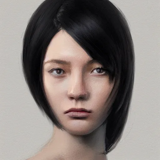 Image similar to portrait of a young woman by greg rutkowski, she is about 2 0 years old, mixture between russian and japanese, pretty, black bob hair with two strands around her face, very tall and slim, wearing a oversized jumper jumpsuit, highly detailed portrait, digital painting, artstation, concept art, smooth, sharp foccus ilustration, artstation hq