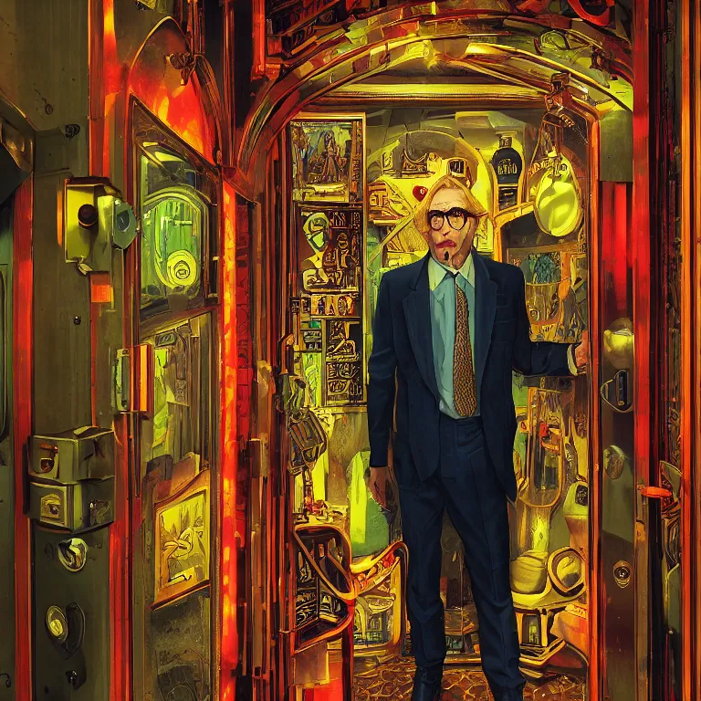 Image similar to low angle octane render portrait by wayne barlow and carlo crivelli and glenn fabry, a sinister man in a bright colorful saturated wes anderson elevator operator costume inside a dark and moody vintage elevator in a high - end exotic vintage boutique hotel, very short depth of field, bokeh
