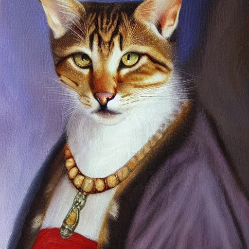 Prompt: oil in canvas of an old king cat