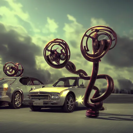 Image similar to mechanical greek hydra with cars as heads, cinematic, diffuse light, rendered in povray