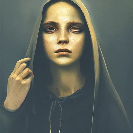 Image similar to a portrait of a young woman wearing a long dark cloak, hood and shadows covering face, holding golden chains, oil painting, matte painting, black background, Volumetric Golden dappled dynamic lighting, Highly Detailed, Cinematic Lighting, Unreal Engine, 8k, HD, by Beksinski