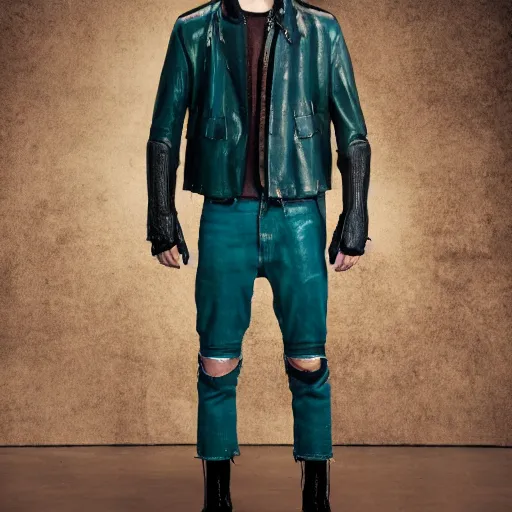 Prompt: an award - winning editorial photo of a male model wearing a teal distressed baggy medieval cropped leather menswear jacket by alexander mcqueen, 4 k, studio lighting