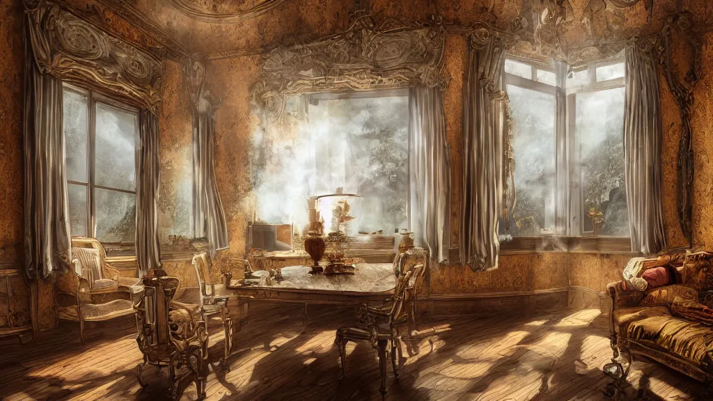 Image similar to richly decorated Victorian house, modern, beautiful, detailed wood, photorealistic, photorealism, lightning, clouds, smoke, the autumn light comes in through a window, diffuse light, vivid cybernetics