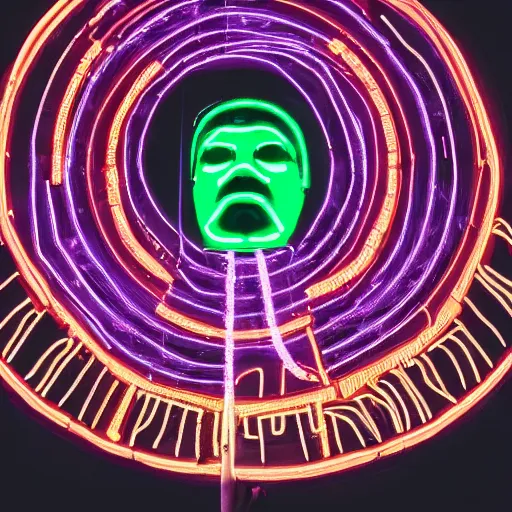 Image similar to a giant neon ring surrounding a renaissance statue head