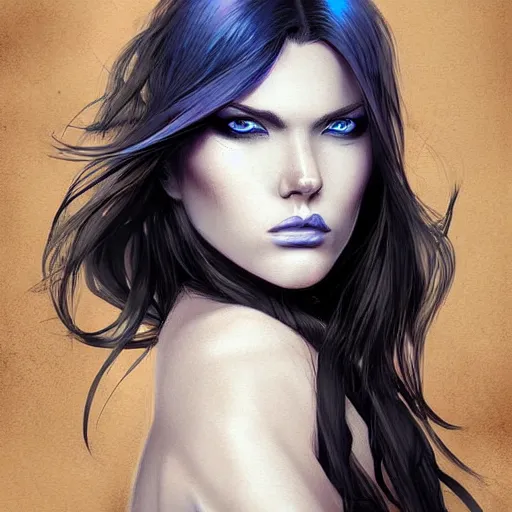 Image similar to a stunning upper body portrait of a beautiful woman with raven hair with a blue tint blowing in the wind by marvel comics, digital art, trending on artstation