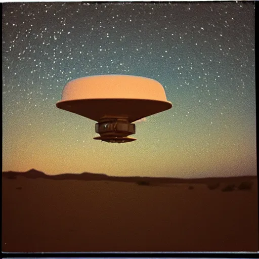 Image similar to a ufo flying over a the desert at night, distant!!, historical photo, old polaroid, expired film,