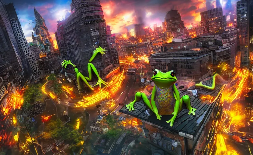Prompt: kawaii frog destroying city, highly detailed, extremely high quality, hd, 4 k, 8 k, professional photographer, 4 0 mp, lifelike, top - rated, award winning, cinematic, realistic, detailed lighting, detailed shadows, sharp, no blur, edited, corrected, trending