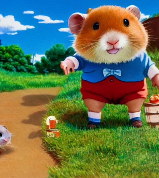 Prompt: a detailed painting of an anthropomorphic hamster kid wearing shorts and suspenders in a rural village, cute, colourful, detailed, high quality, pastel colours, brushed, 4 k, by studio disney and studio ghibli and maurice sendak and richard scarry