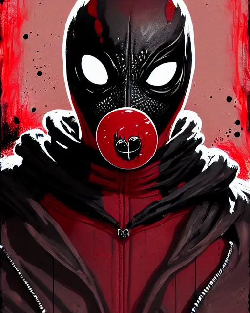 Prompt: highly detailed closeup portrait of a mutated carnage symbiote in deadpool suit with carnages face, wearing black hoodie by atey ghailan, by greg rutkowski, by greg tocchini, by james gilleard, by joe fenton, by kaethe butcher, red, black, crimson and white color scheme, grunge!! graffiti tag wall