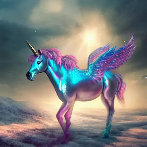 Prompt: a iridescent unicorn with wings is wounded in the snow, trail of blood follows behind it, nuclear winter, toxic smog in the sky, ultra realistic, concept art, intricate details, highly detailed, photorealistic, octane render, 8 k, style of mary jackson